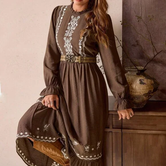 Coffee Brown Party Women's Frill Maxi Dress - Picture 5 of 7